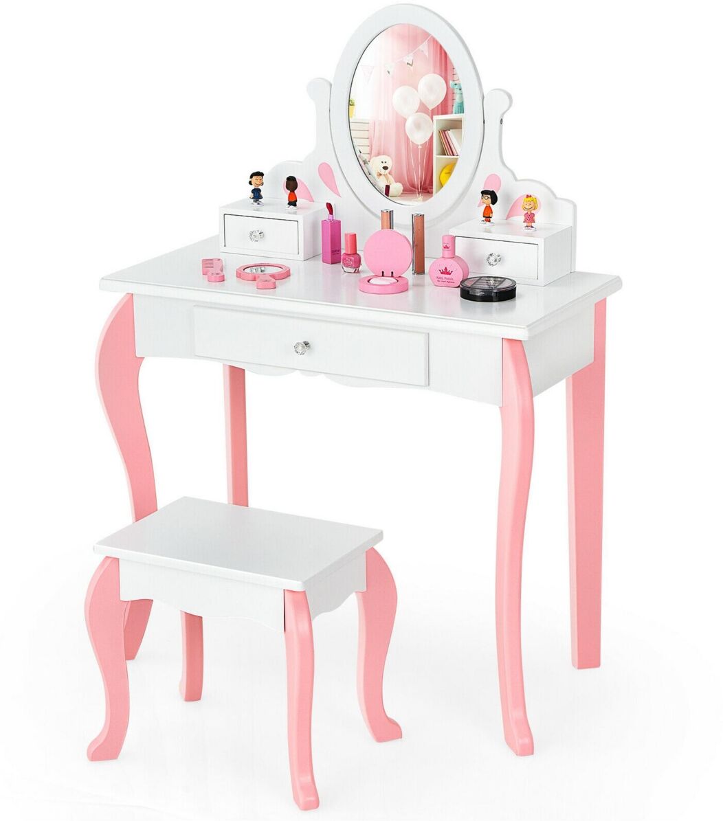 Costway Kids Vanity Princess Makeup Dressing Table Stool Set W/ Mirror Drawer - White