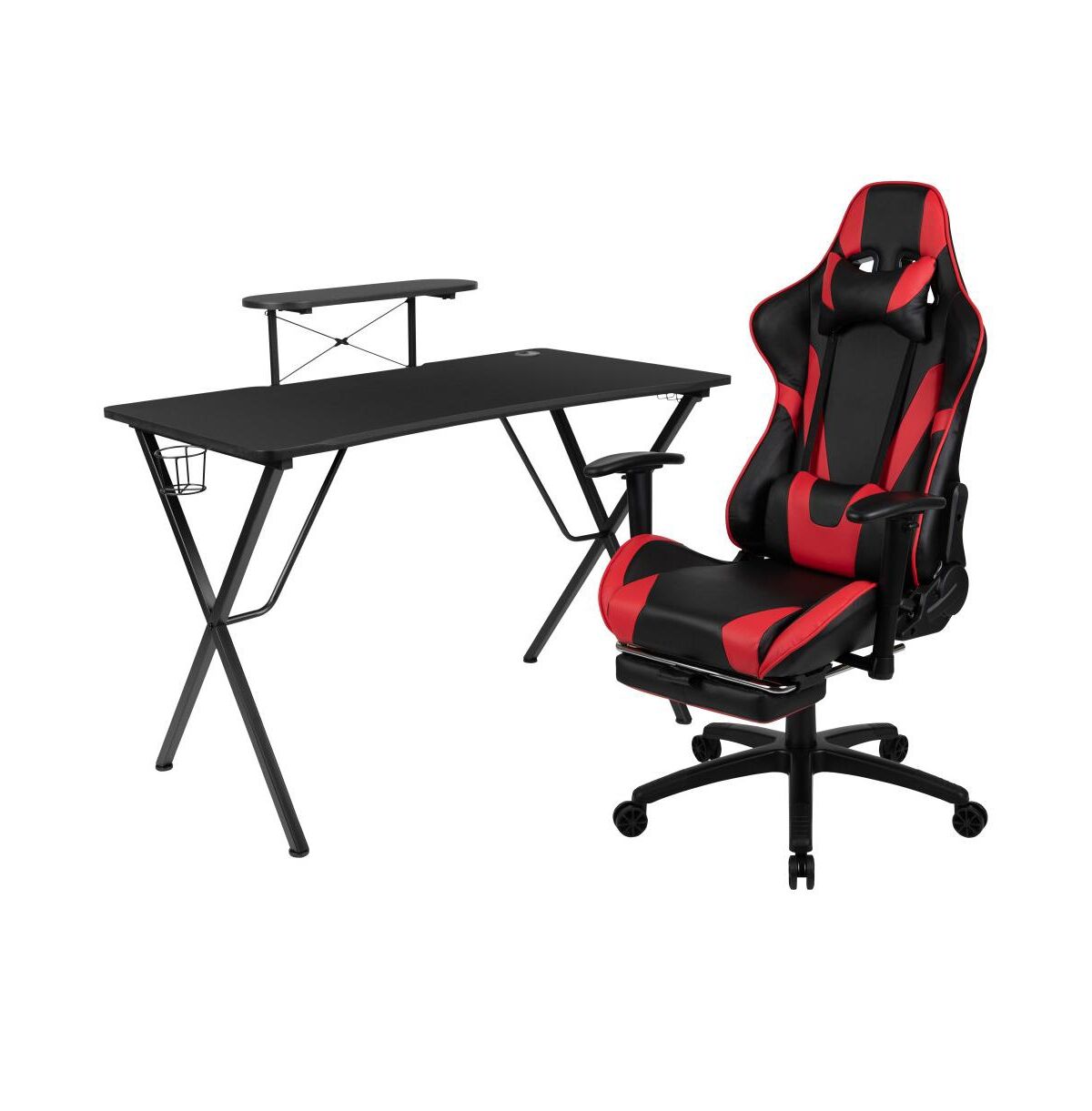 Emma+oliver Gaming Desk & Chair Set - Cup Holder, Headphone Hook, And Monitor Stand - Red