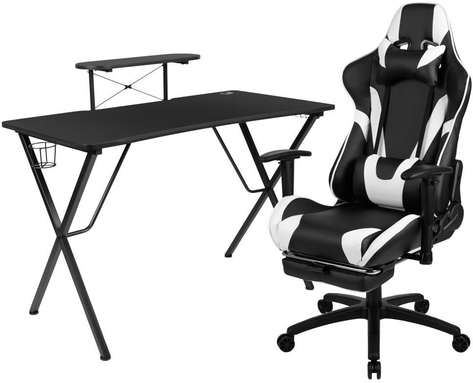 Emma+oliver Gaming Desk & Chair Set - Cup Holder, Headphone Hook, And Monitor Stand - Black