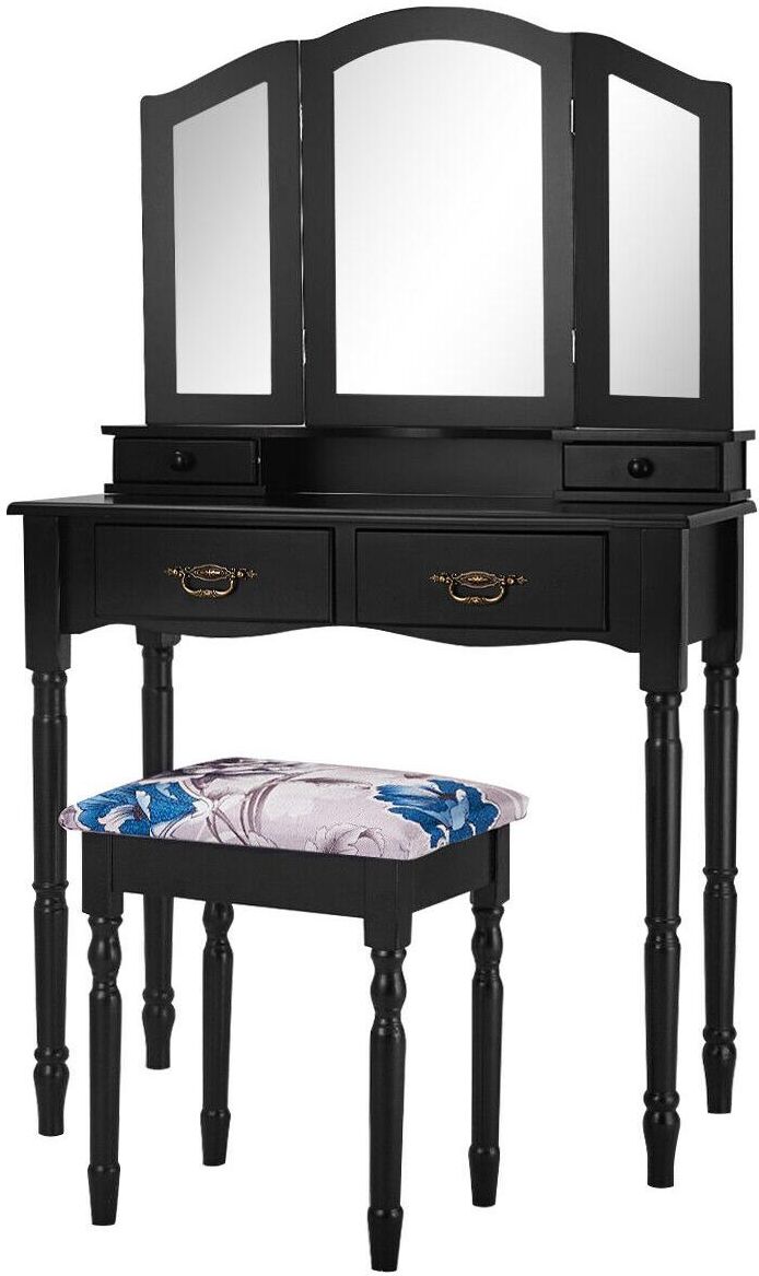 Costway Black Tri Folding Mirror Vanity Makeup Table Stool 4 Drawers - Black