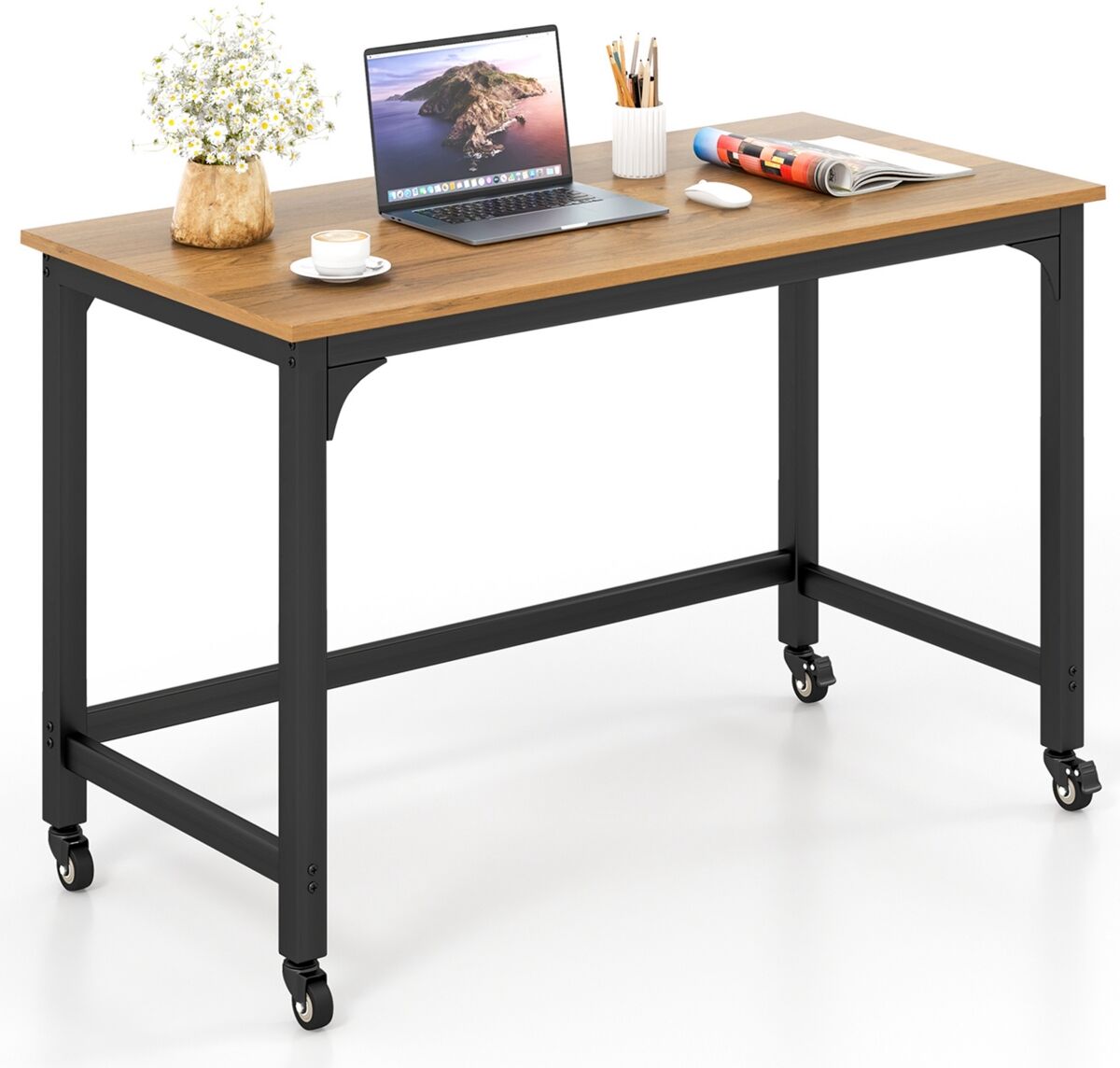 Costway Rolling Computer Desk Metal Frame Pc Laptop Table Wood - Brown