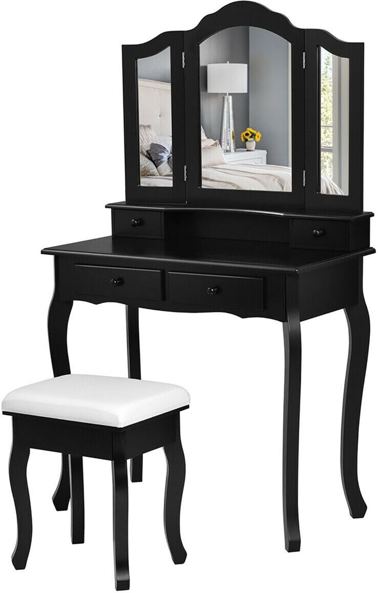 Costway Vanity Makeup Dressing Table Set W/Stool 4 Drawer&Mirror - Black