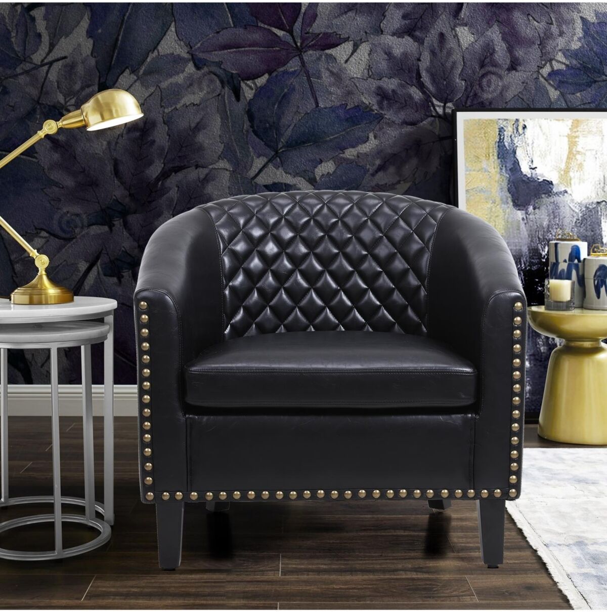 Simplie Fun accent Barrel chair living room chair with nailhead and solid wood legs Black Pu leather - Black