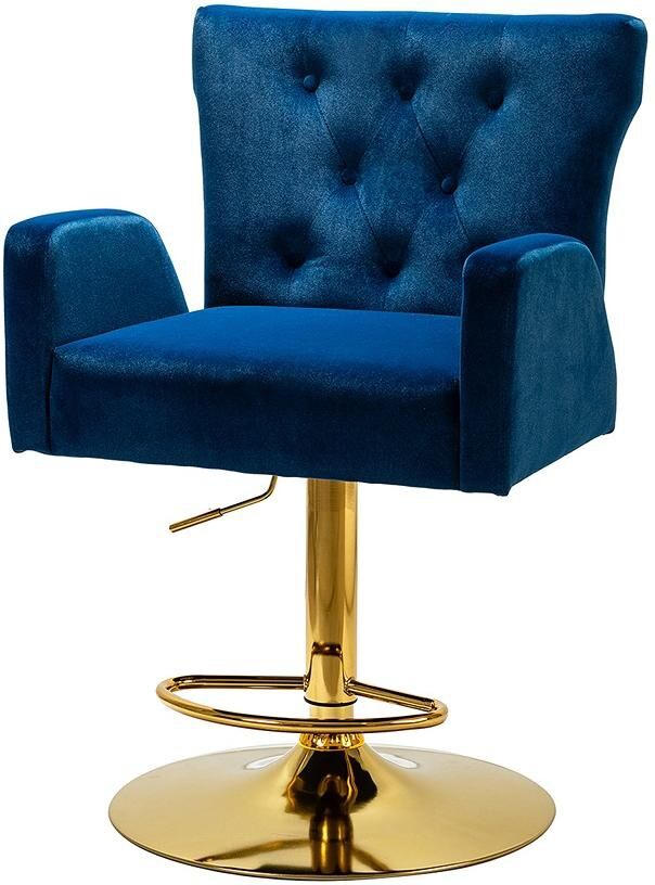 Hulala Home Modern Counter Velvet Bar Stool with Gold Base for Kitchen, Dining Room - Navy