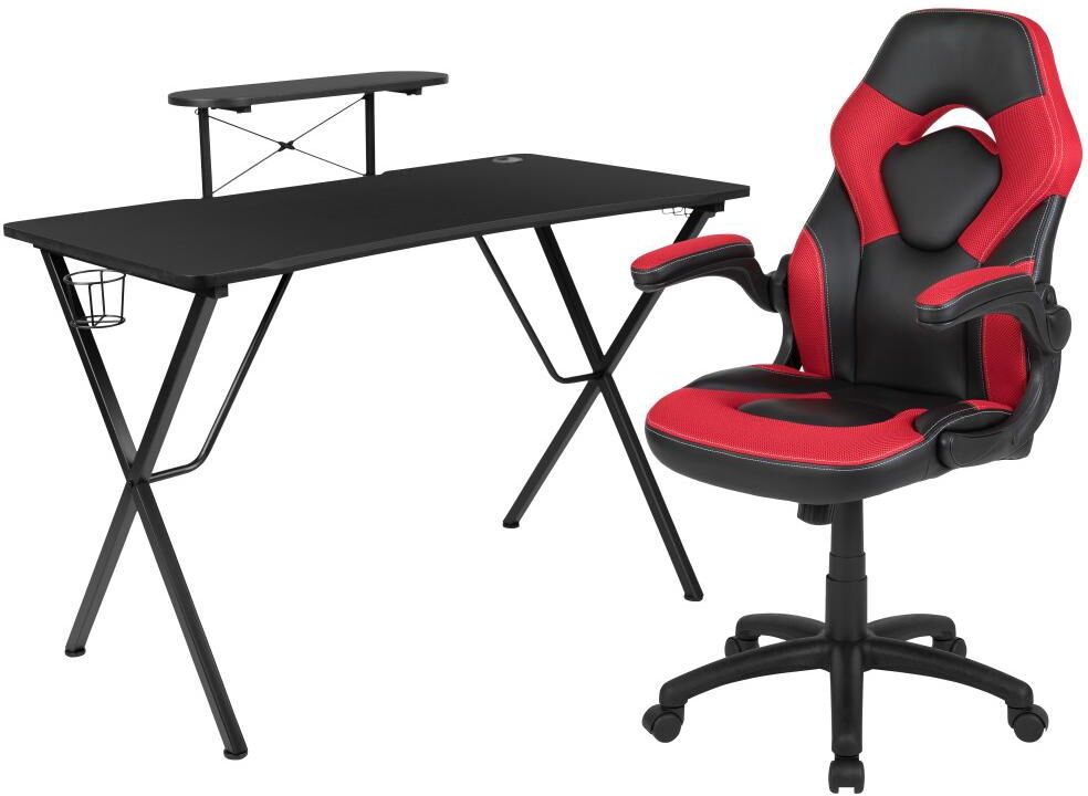 Emma+oliver Gaming Desk And Racing Chair Set With Headphone Hook, And Monitor Stand - Red