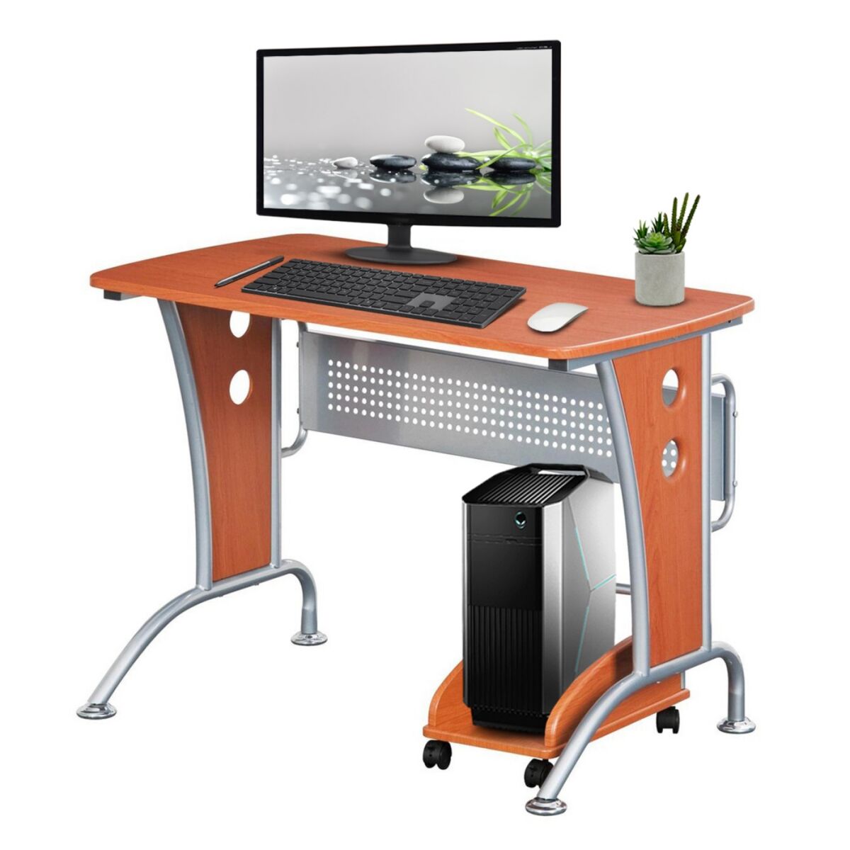 Simplie Fun Modern Computer Desk With Mobile Cpu Caddy, Dark Honey - Brown