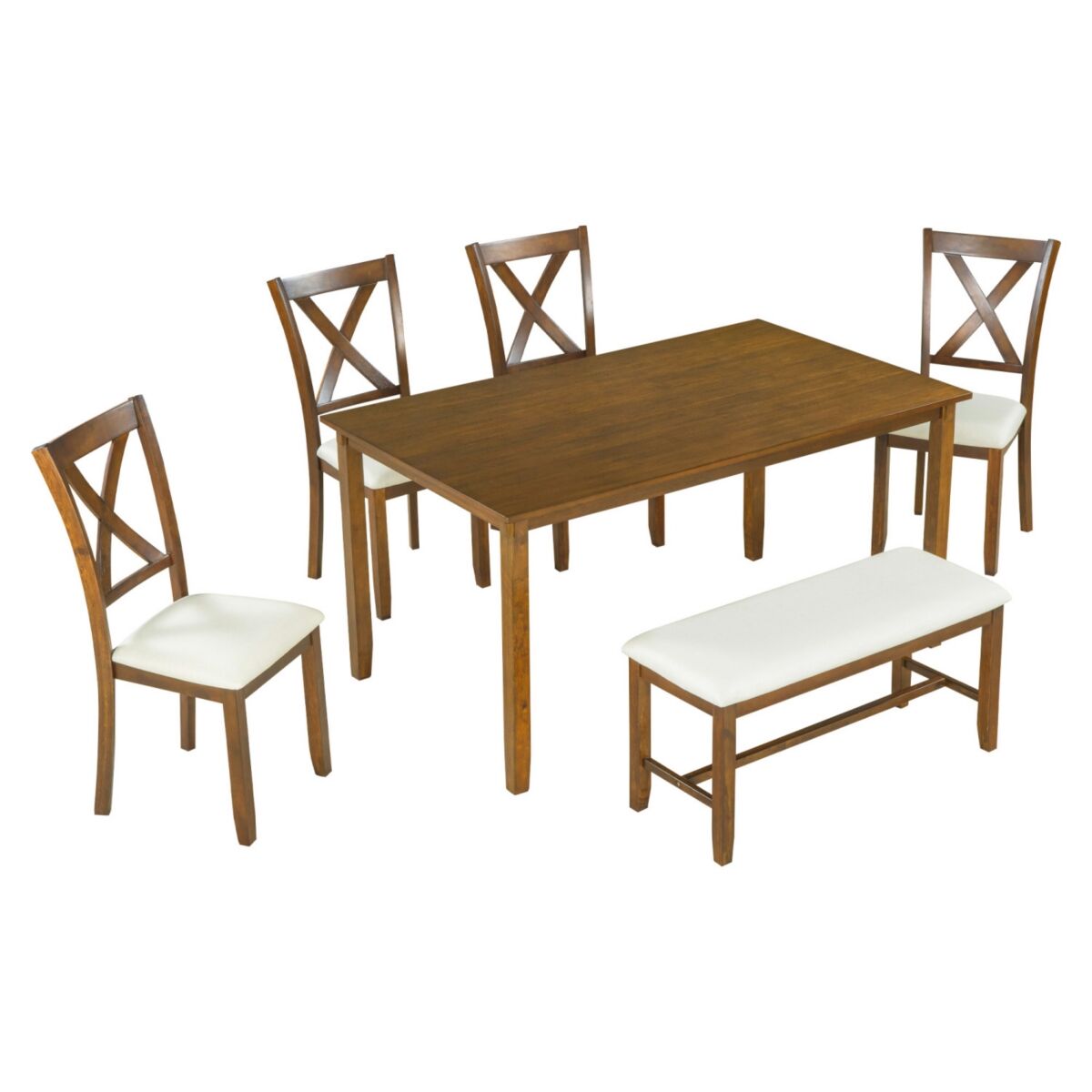 Simplie Fun 6-Piece Kitchen Dining Table Set Wooden Rectangular Dining Table, 4 Fabric Chairs and Bench Family Furniture (Natural Cherry) - Brown