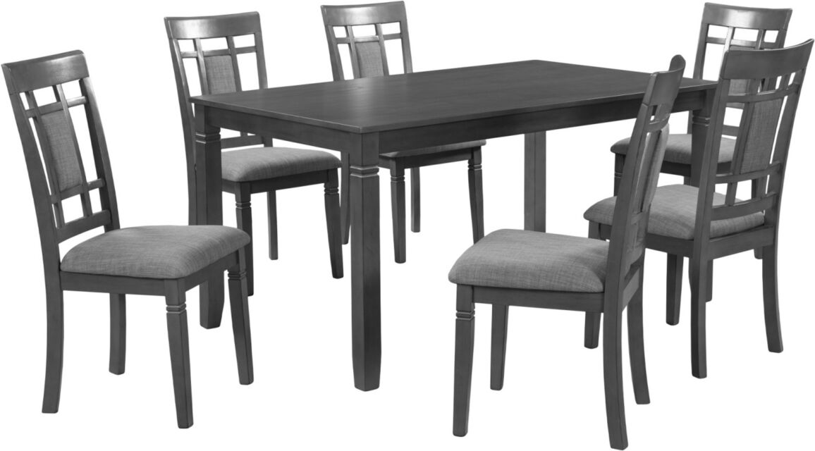 Simplie Fun 7-Piece Farmhouse Rustic Wooden Dining Table Set Kitchen Furniture Set with 6 Padded Dining Chairs, Gray - Grey