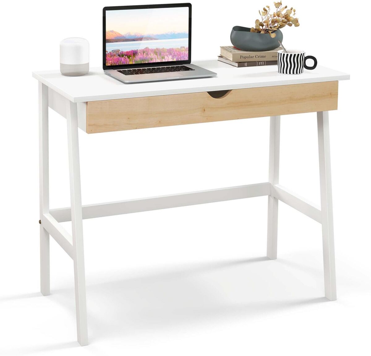 Costway Computer Desk Wooden Workstation Vanity Table w/ 1 Drawer & Rubber Wood Legs - White