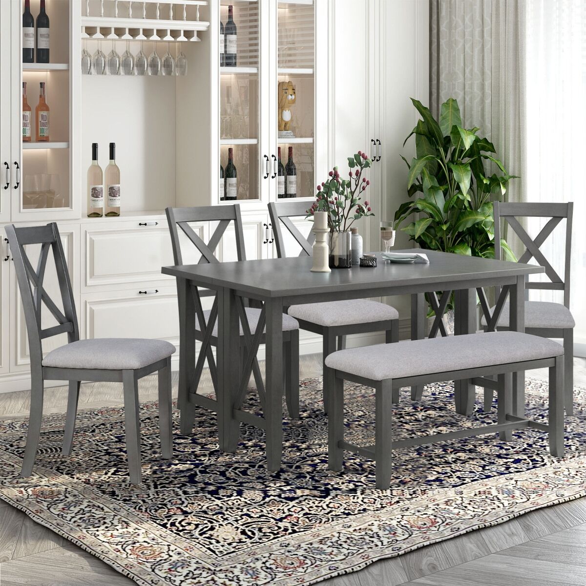 Simplie Fun 6-Piece Family Dining Room Set Solid Wood Space Saving Foldable Table and 4 Chairs with Bench for Dining Room (Gray) - Grey