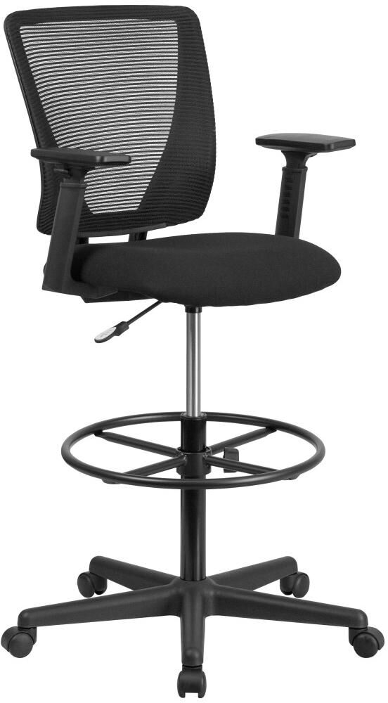 Emma+oliver Ergonomic Mid-Back Mesh Drafting Chair With Fabric Seat, Adjustable Foot Ring And Arms - Black