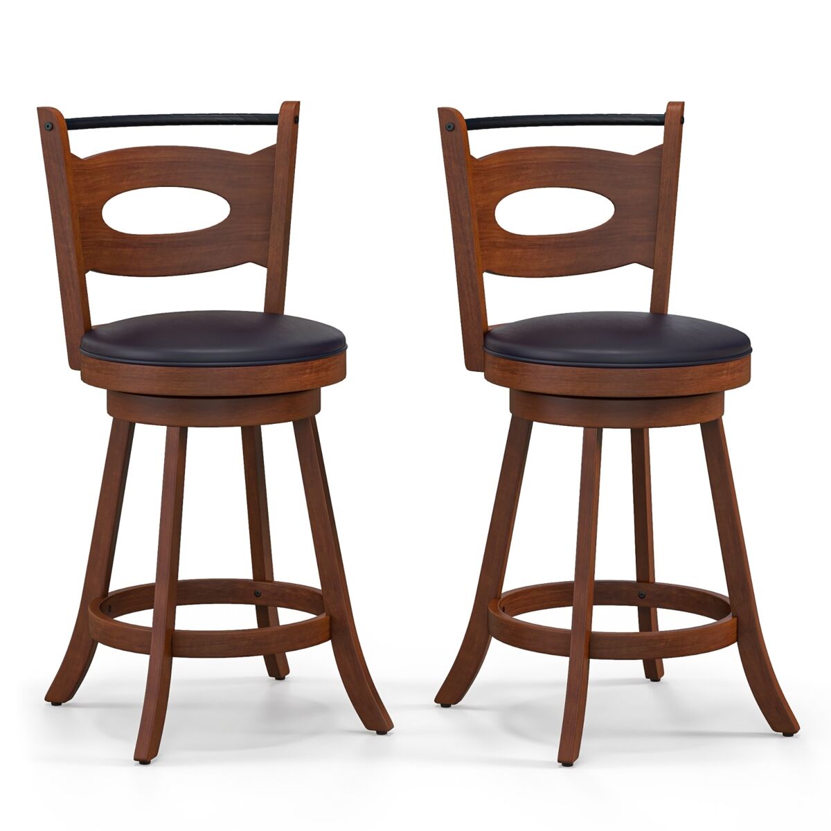 Costway Set of 2 Bar Stools 360° Swivel Dining Chairs Solid Rubber Wood Leather Padded Seat Counter Height - Brown