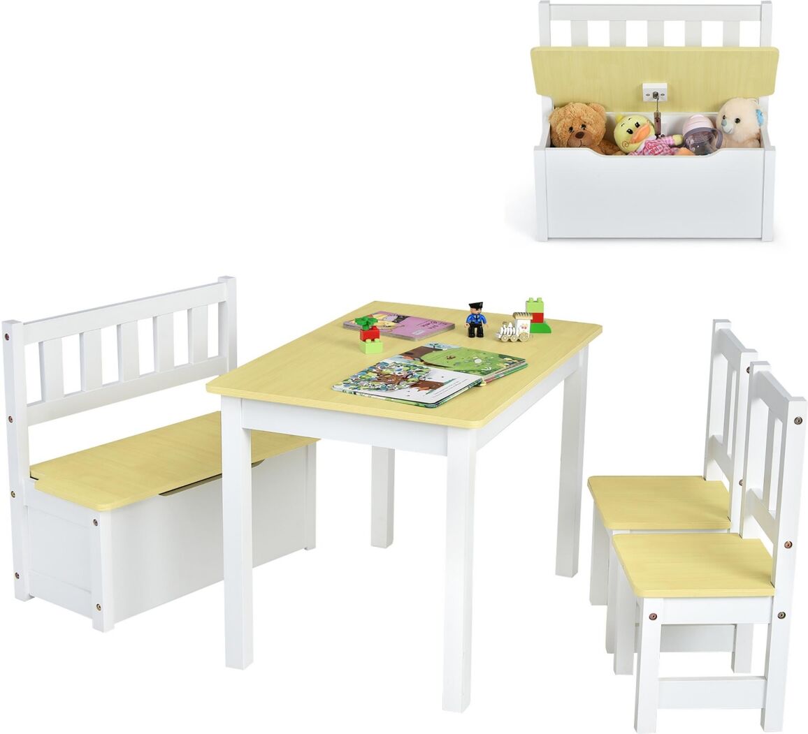 Costway 4 Pcs Kids Wooden Activity Table & Chairs Set w/ Storage Bench Study Desk - Natural