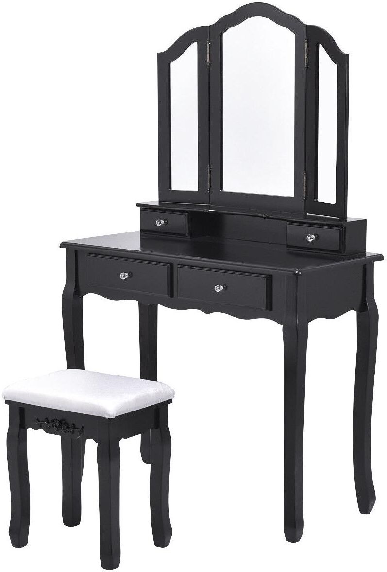 Costway Makeup Table Stool Set Tri Folding Mirror Vanity - Black