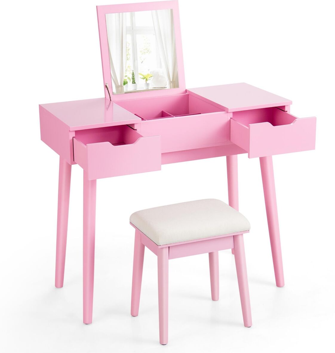 Costway Vanity Table Set w/ Flip Top Mirror Drawers 9 Dividers Makeup Writing Desk - Pink