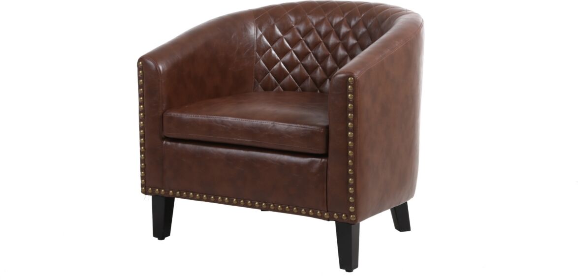 Simplie Fun accent Barrel chair living room chair with nailhead and solid wood legs Brown Pu leather - Brown