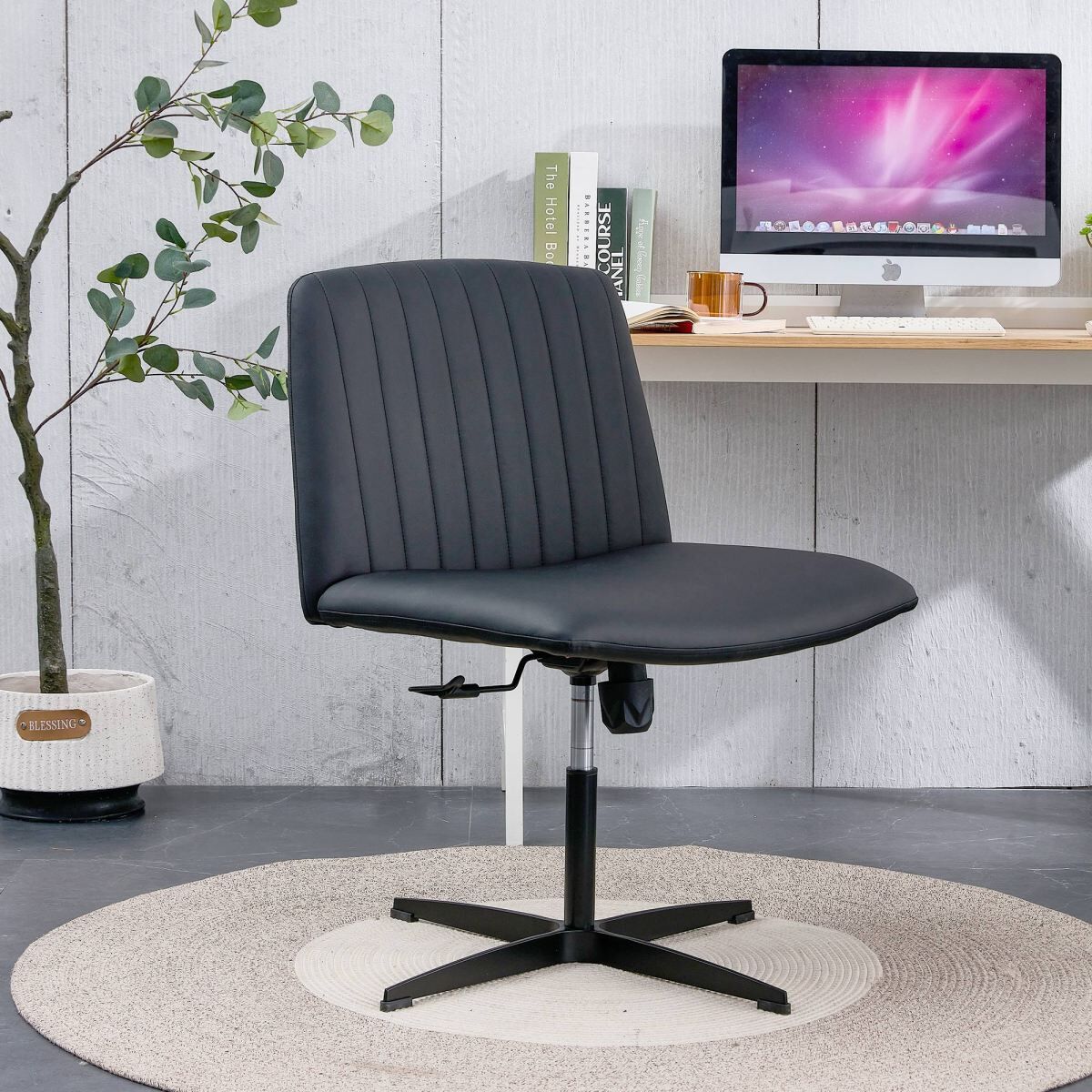Simplie Fun Black High Grade Pu Material. Home Computer Chair Office Chair Adjustable 360 ° Swivel Cushion Chair With Black Foot Swivel Chair Makeup Chair Study D