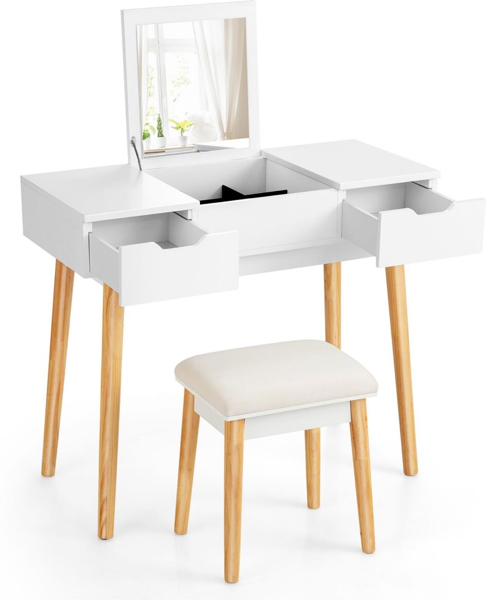 Costway Vanity Table Set w/ Flip Top Mirror Drawers 9 Dividers Makeup Writing Desk - White