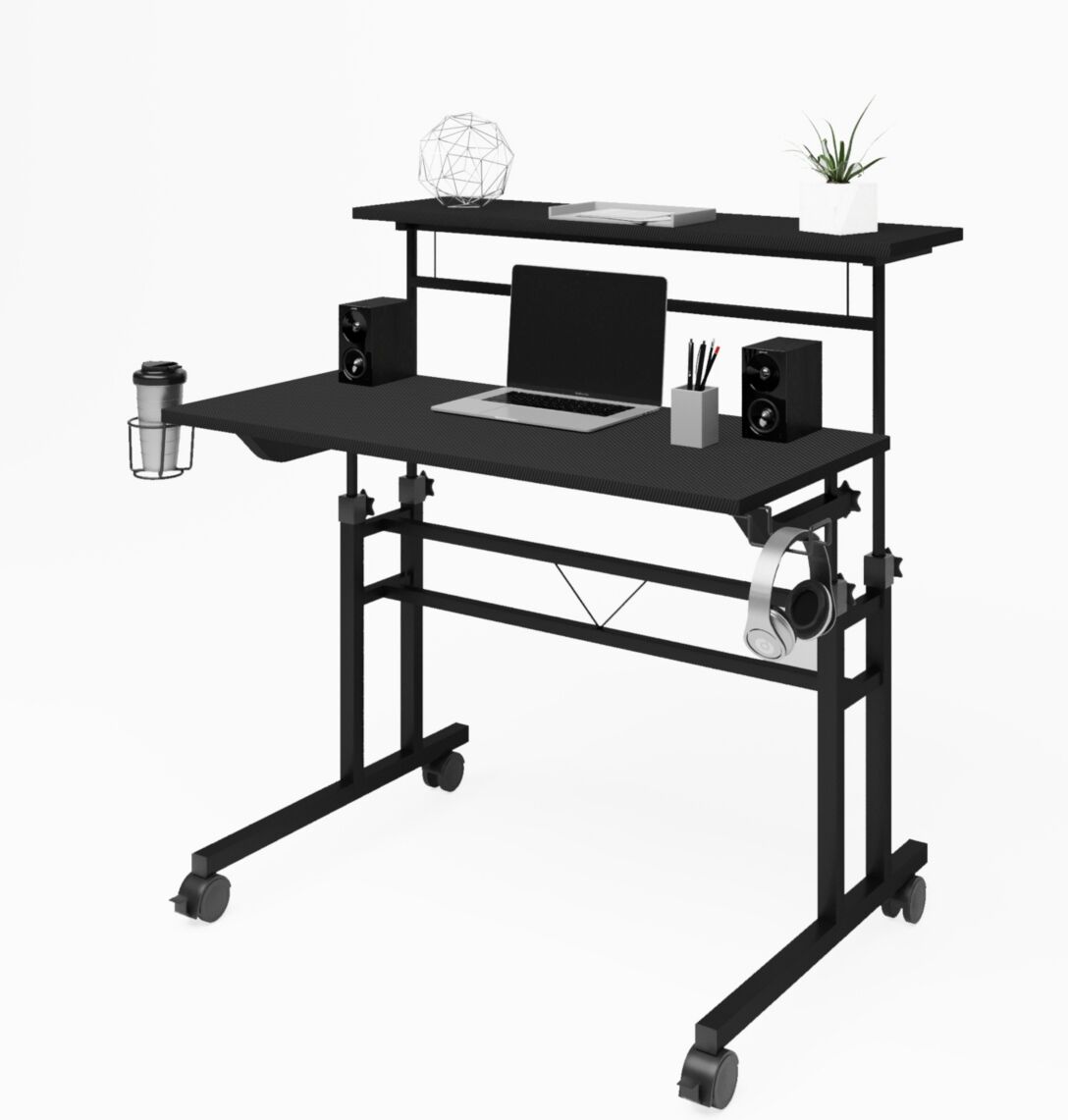 Simplie Fun Rolling Writing Desk with Height Adjustable Desktop and Moveable Shelf, Black - Black