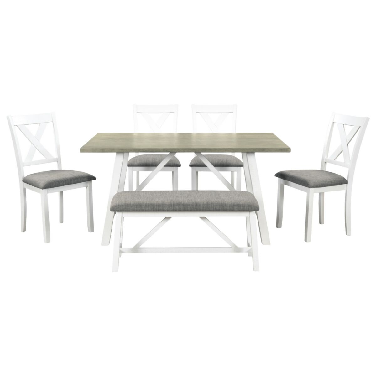 Simplie Fun 6 Piece Dining Table Set Wood Dining Table and chair Kitchen Table Set with Table, Bench and 4 Chairs, Rustic Style, White+Gray - White