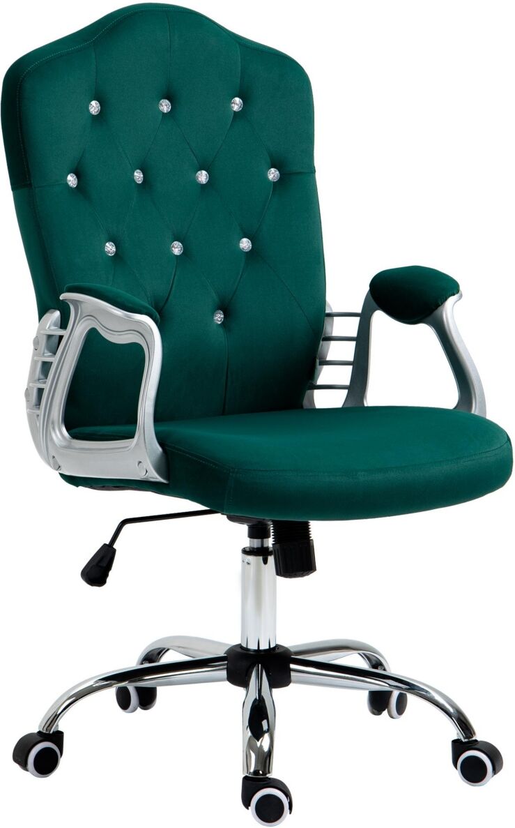 Vinsetto Home Office Chair, Velvet Computer Chair, Button Tufted Desk Chair with Swivel Wheels, Adjustable Height, and Tilt Function, Dark Green - Dar