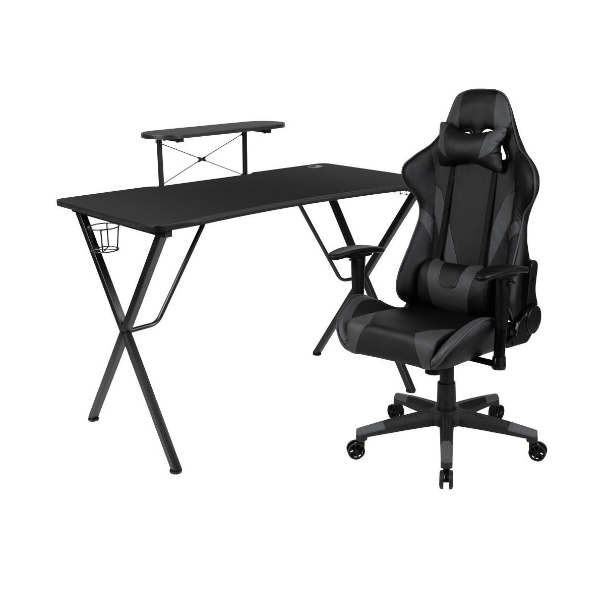 Emma+oliver Gaming Desk & Chair Set - Cup Holder, Headphone Hook, And Monitor Stand - Gray