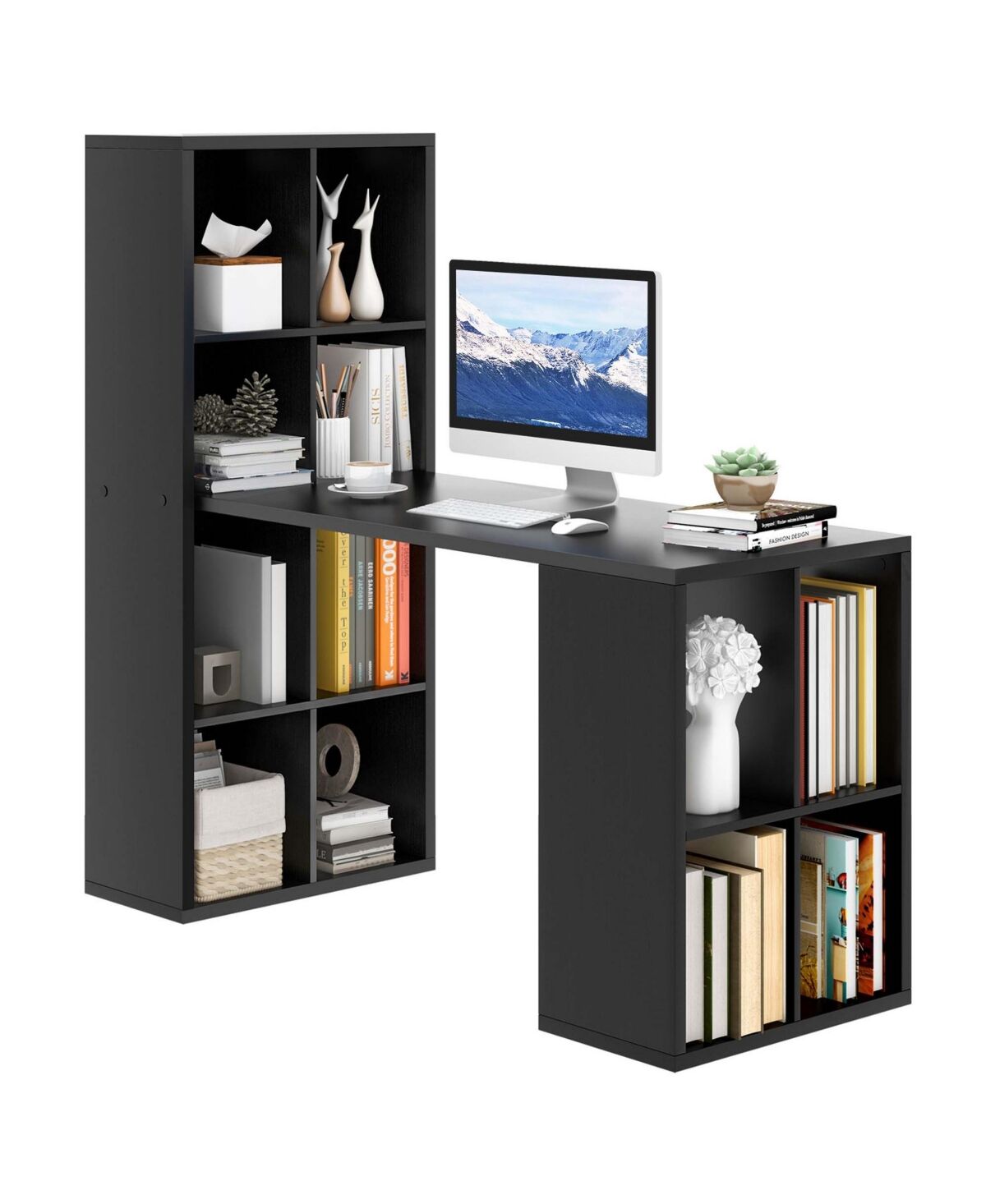 Costway Computer Desk with Bookshelf 12 Cubes Study Writing Table Laptop Workstation - Black