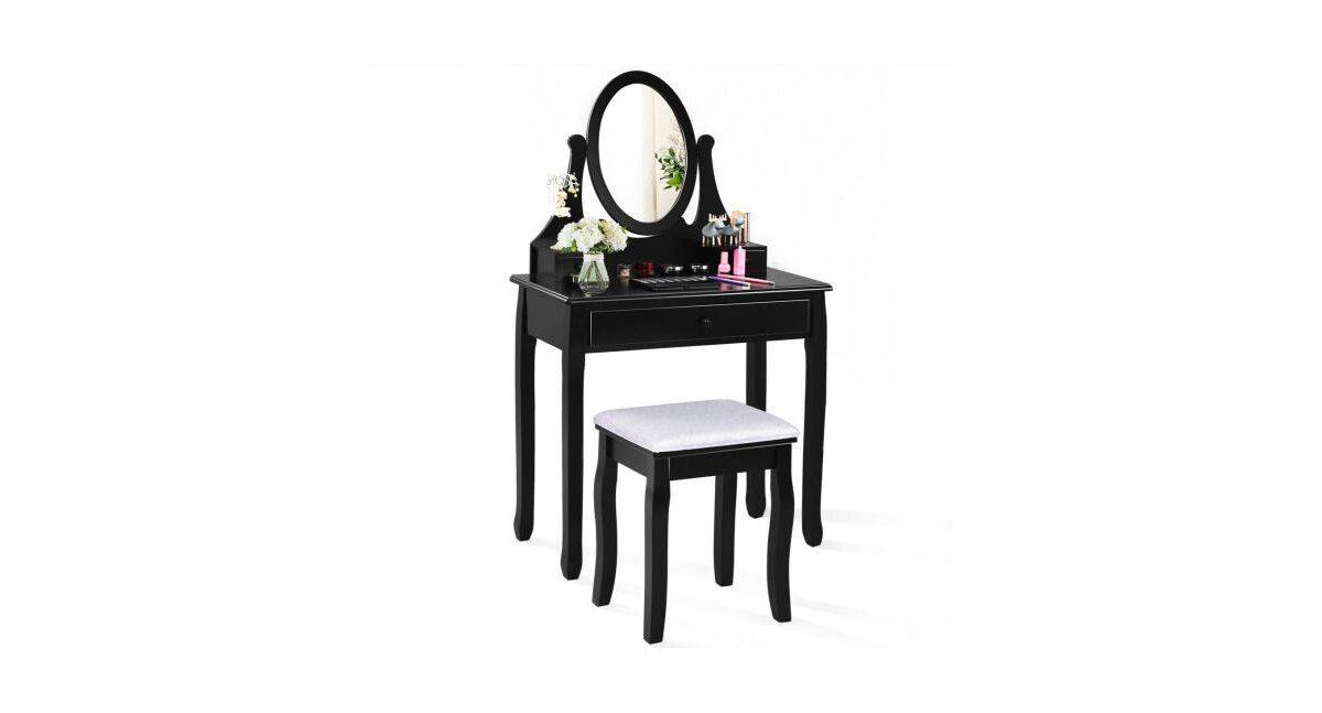 Slickblue Bathroom Vanity Wooden Makeup Dressing Table Stool Set - Black