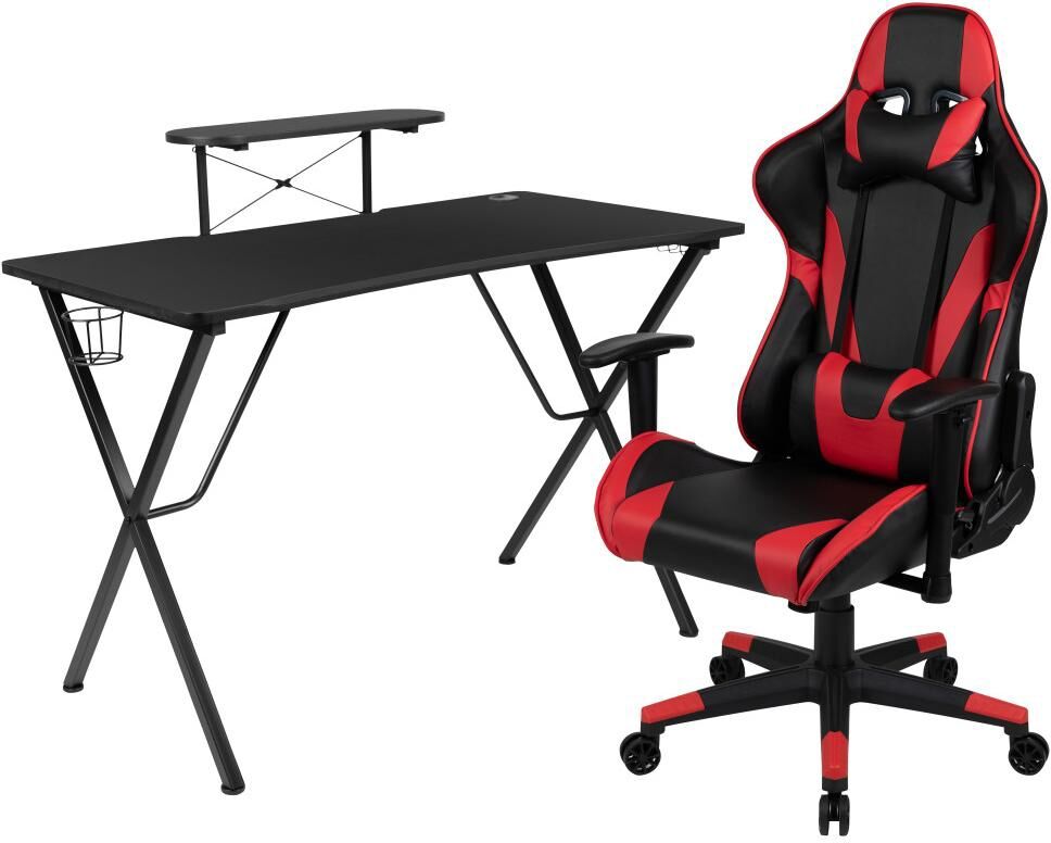 Emma+oliver Gaming Desk & Chair Set - Cup Holder, Headphone Hook, And Monitor Stand - Red