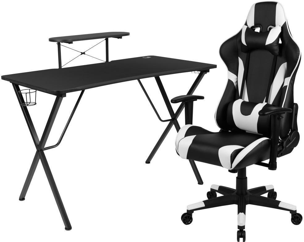 Emma+oliver Gaming Desk & Chair Set - Cup Holder, Headphone Hook, And Monitor Stand - White/Black