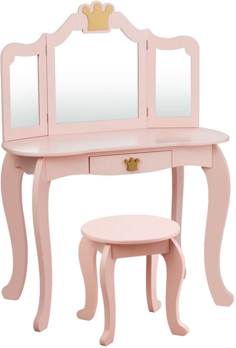 Costway Kids Makeup Dressing Table Chair Set Princess Vanity - Pink