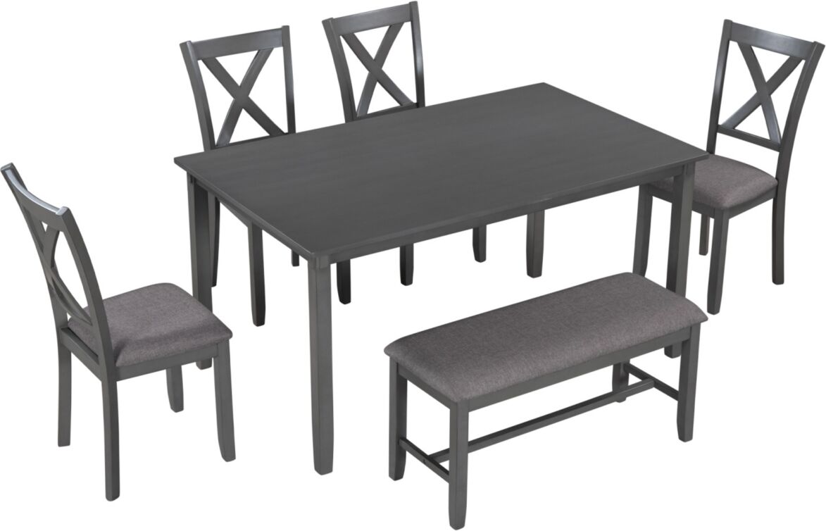 Simplie Fun 6-Piece Kitchen Dining Table Set Wooden Rectangular Dining Table, 4 Fabric Chairs and Bench Family Furniture (Gray) - Grey