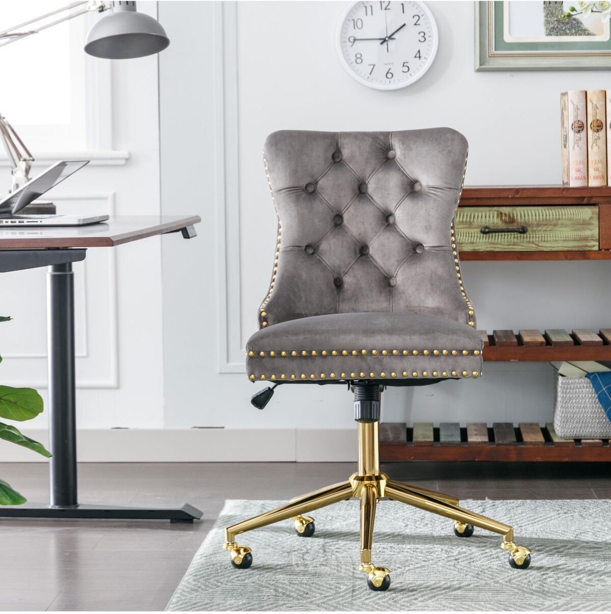 Simplie Fun A&A Furniture Office Chair,Velvet Upholstered Tufted Button Home Office Chair with Golden Metal Base,Adjustable Desk Chair Swivel Office Chair (Gray)