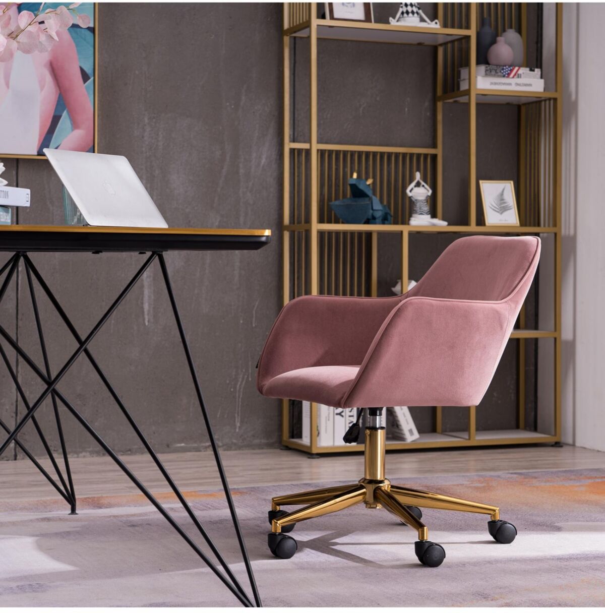 Simplie Fun Modern Velvet Fabric Material Adjustable Height 360 revolving Home Office Chair with Gold Metal Legs and Universal Wheels for Indoor, Pink