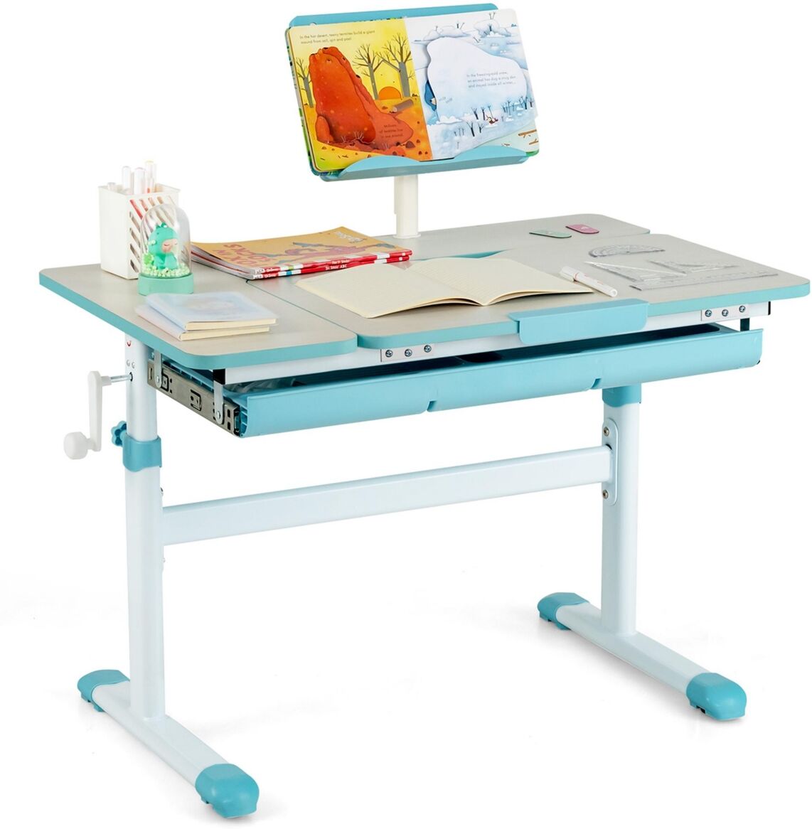 Costway Height-Adjustable Kids Desk Children Study Table with Tilt Desktop & Book Stand - Blue