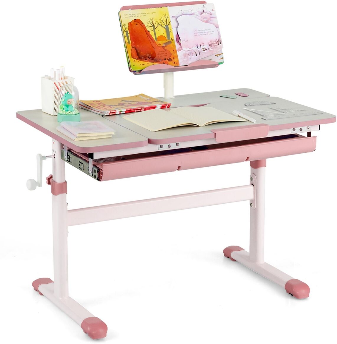 Costway Height-Adjustable Kids Desk Children Study Table with Tilt Desktop & Book Stand - Pink