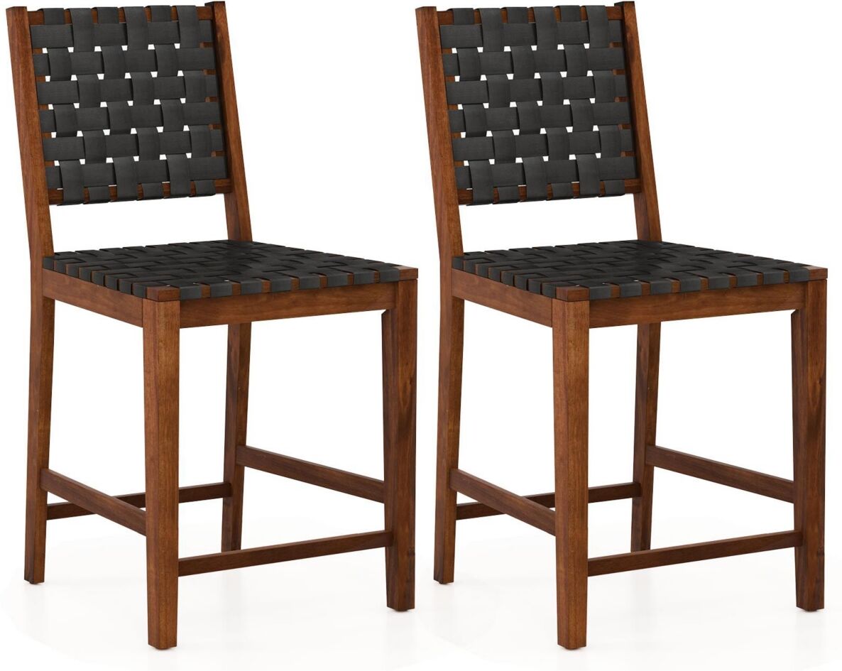 Costway Woven Bar Stools Set of 2 Counter Height Dining Chairs Faux Pu Leather Kitchen - Black