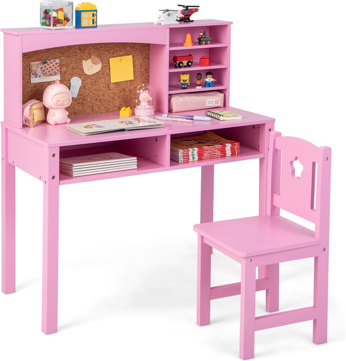 Costway Kids Desk and Chair Set Study Writing Workstation with Hutch & Bulletin Board - Pink