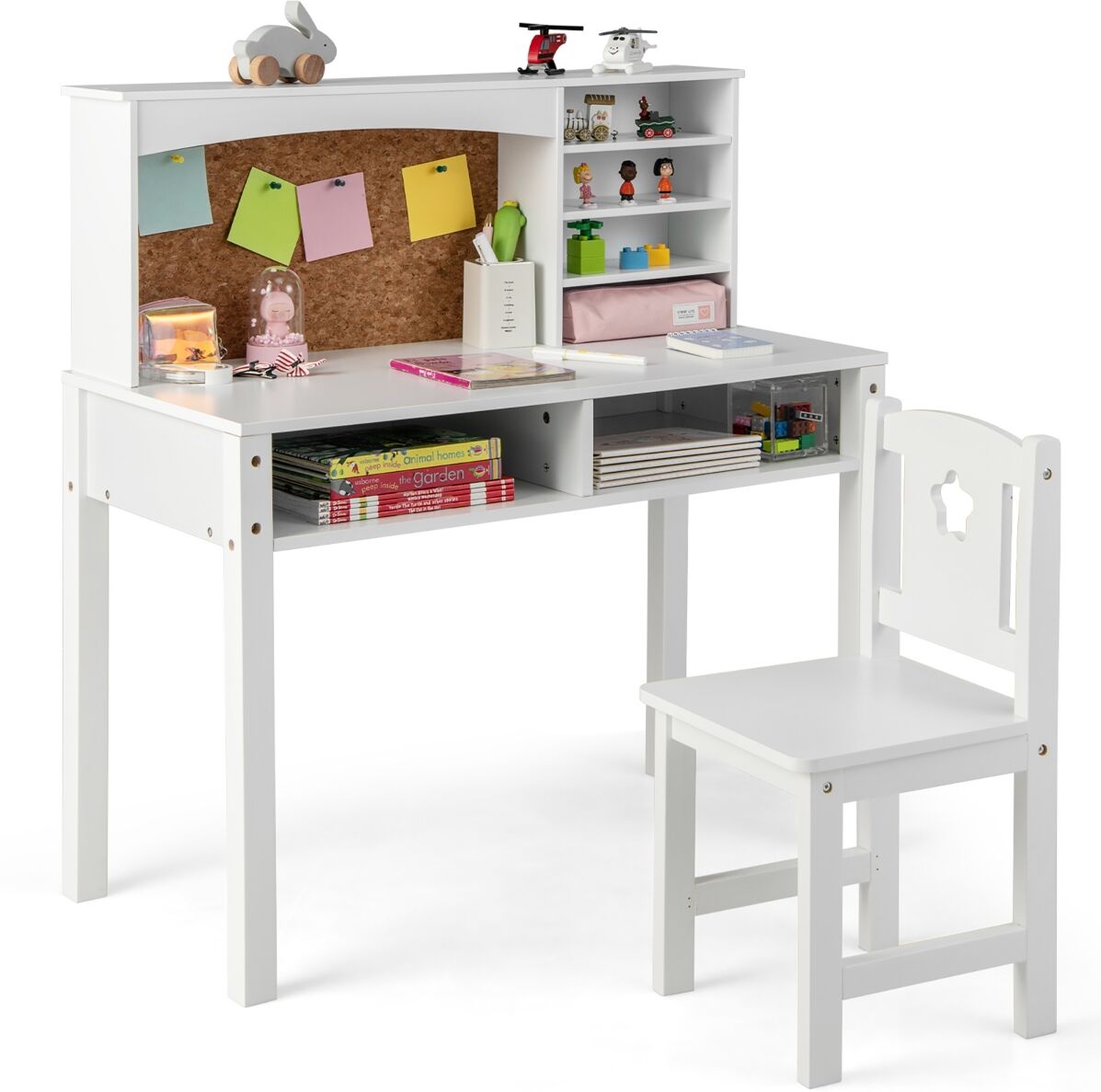 Costway Kids Desk and Chair Set Study Writing Workstation with Hutch & Bulletin Board - White