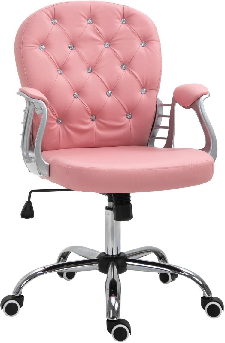 Vinsetto Vanity Pu Leather Mid Back Office Chair Swivel Tufted Backrest Task Chair with Padded Armrests, Adjustable Height, Rolling Wheels, Pink - Pin