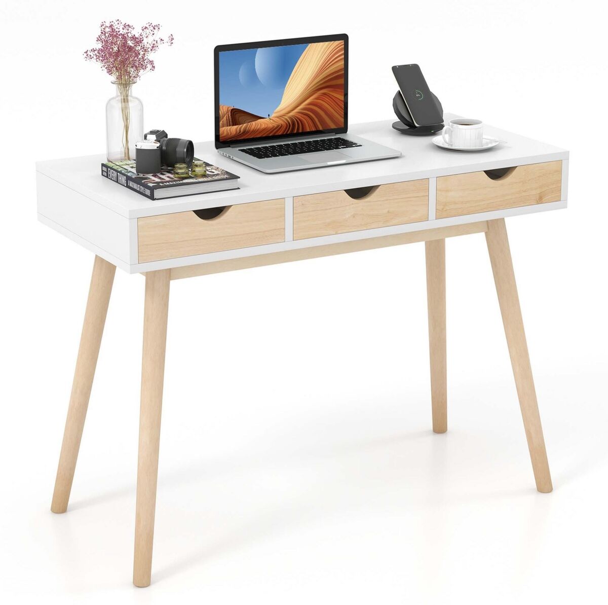 Costway Computer Desk 40'' Wooden Workstation Vanity Table with3 Drawers & Rubber Wood Legs - Natural