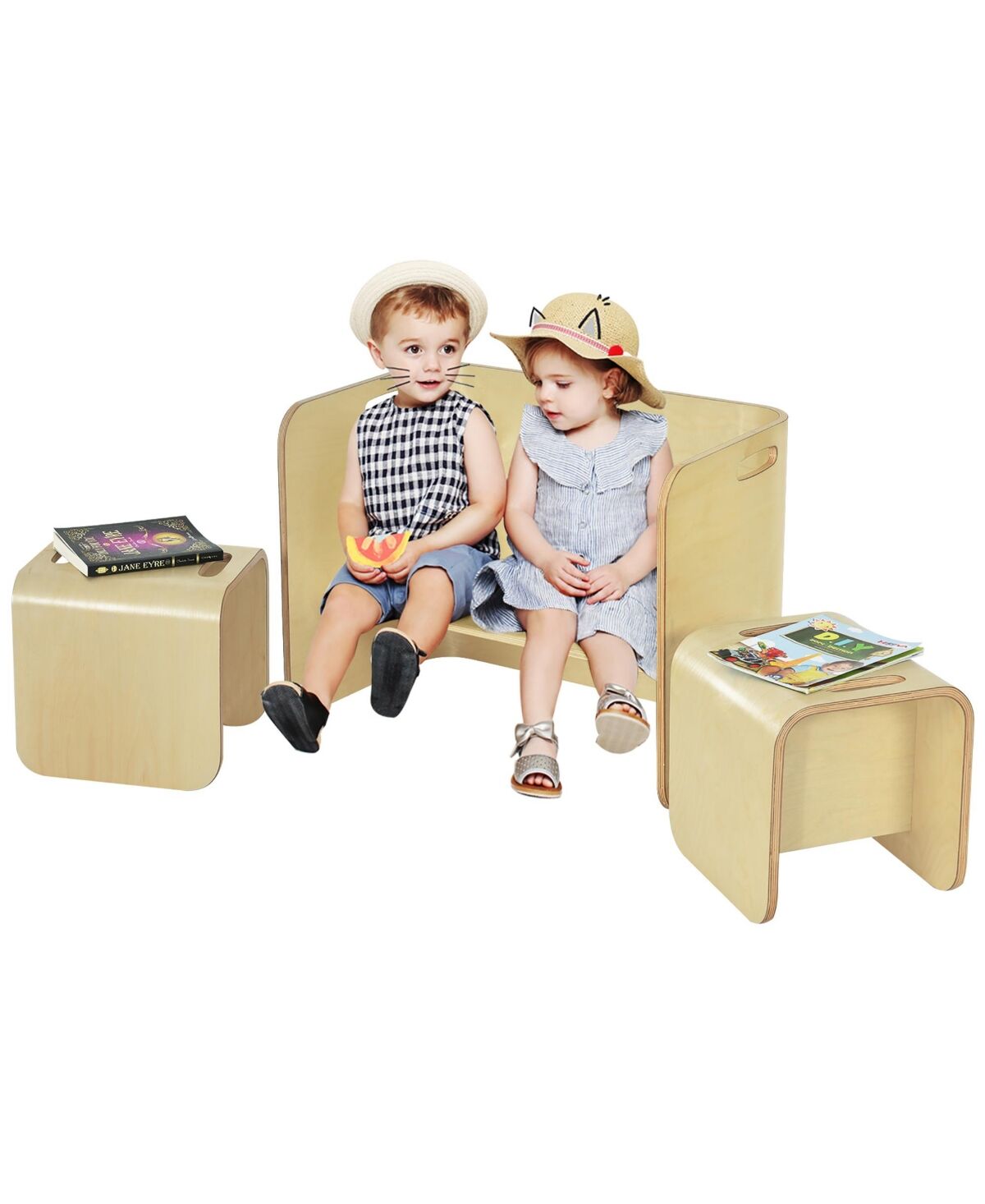 Costway 3 Piece Kids Wooden Table & Chair Set Children Multipurpose Homeschool Furniture - Natural