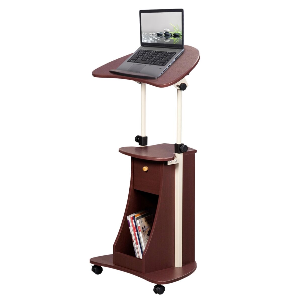 Simplie Fun Sit-to-Stand Rolling Adjustable Laptop Cart With Storage, Chocolate - Brown