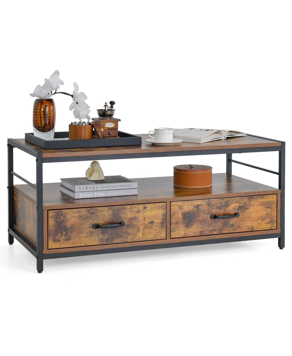 Costway Coffee Table with Storage Drawers& Shelf Coffee Table with Metal Frame for Living Room - Brown