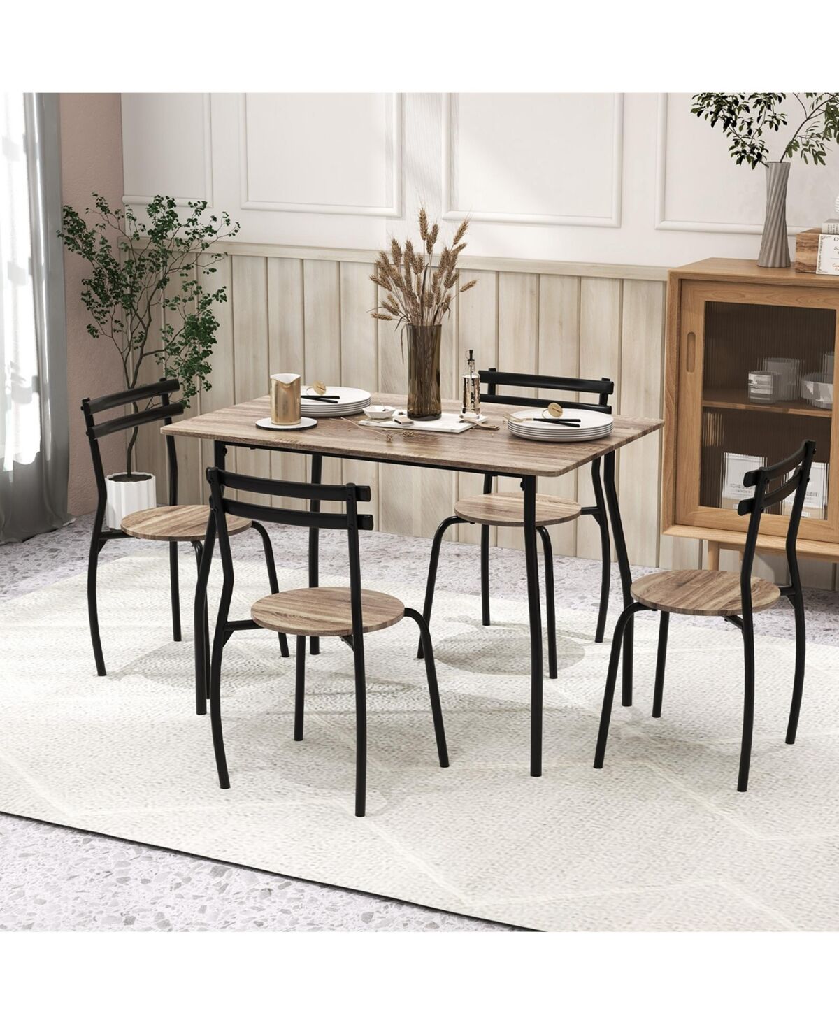 Costway 5PCS Dining Table Set 4 Chairs Wood & Metal Frame Space-saving Kitchen Furniture - Natural