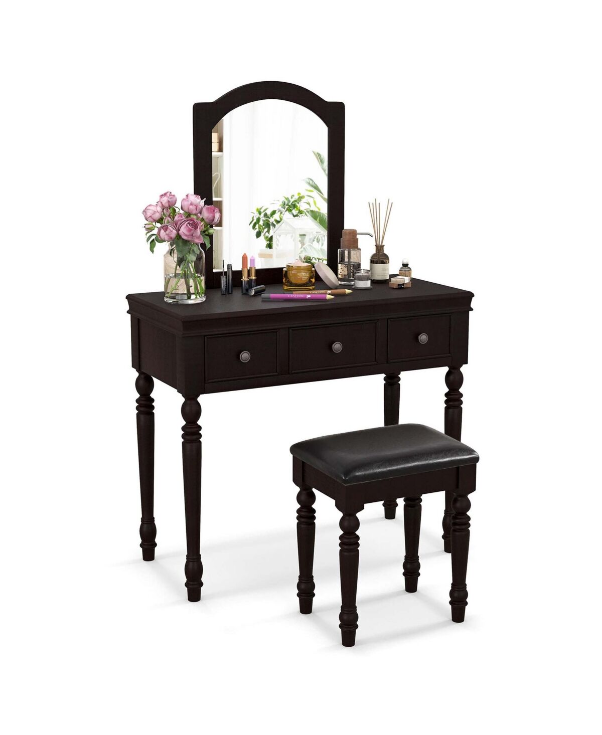 Costway Vanity Table Set Makeup Desk Cushioned Stool 3 Drawer Large Mirror - Dark brown