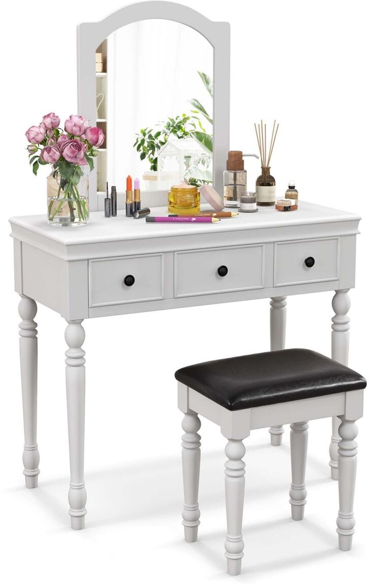 Costway Vanity Table Set Makeup Desk Cushioned Stool 3 Drawer Large Mirror - White