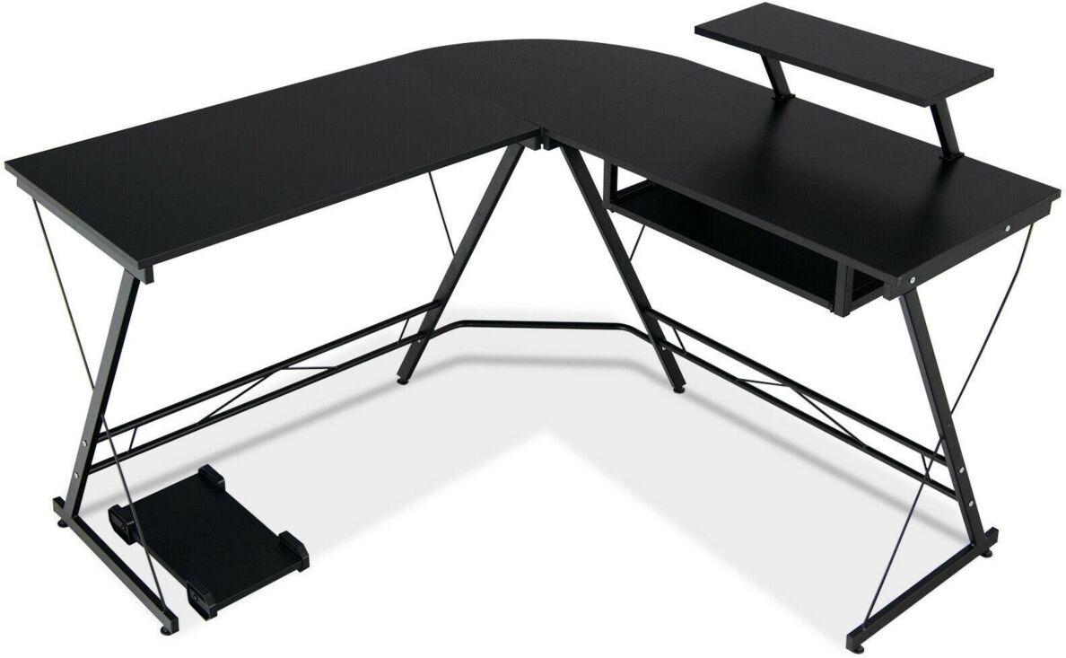 Slickblue L Shaped Computer Desk Home Office Workstation with Movable Monitor Stand-Black - Black