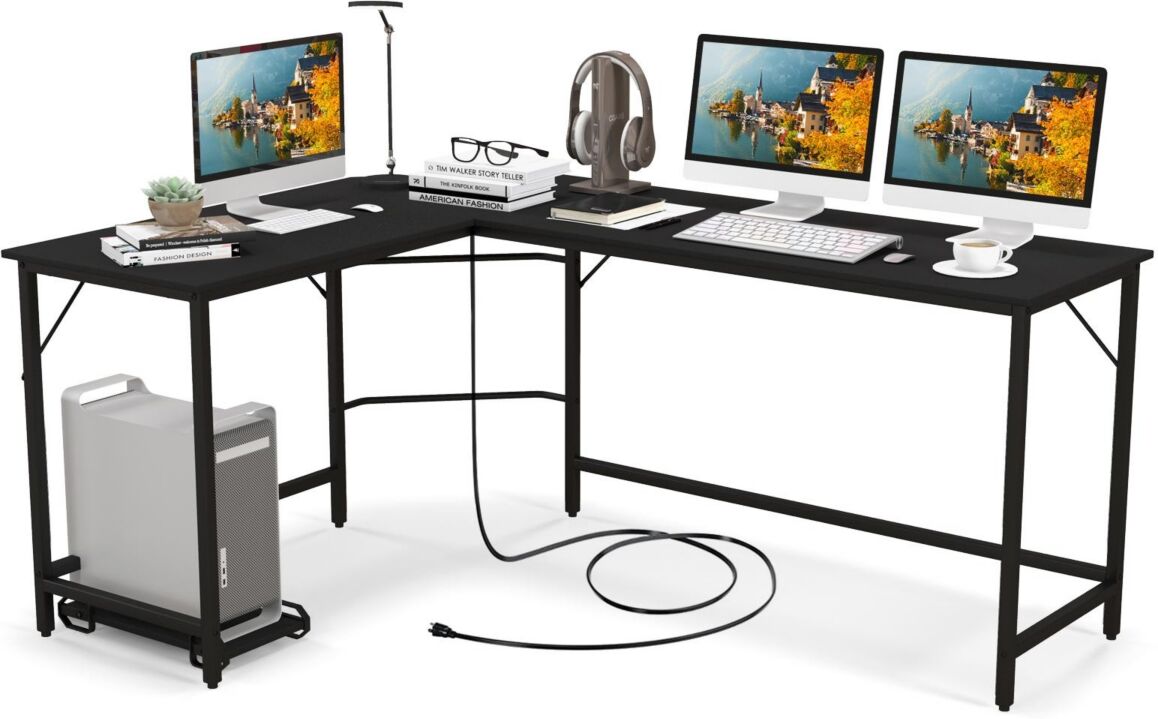 Slickblue L-Shaped Computer Desk with Cpu Stand Power Outlets and Usb Ports - Black