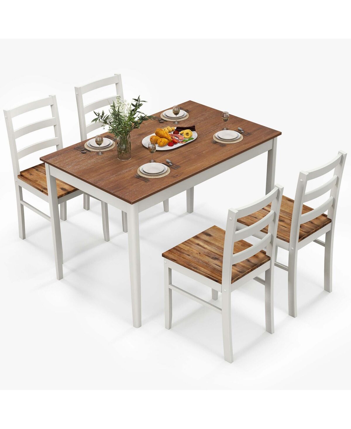 Costway 5-Piece Dining Set Solid Wood Kitchen Furniture with Rectangular Table & 4 Chairs - Brown
